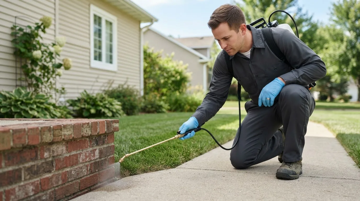 Pest control technician treating a home near Amherst, VA