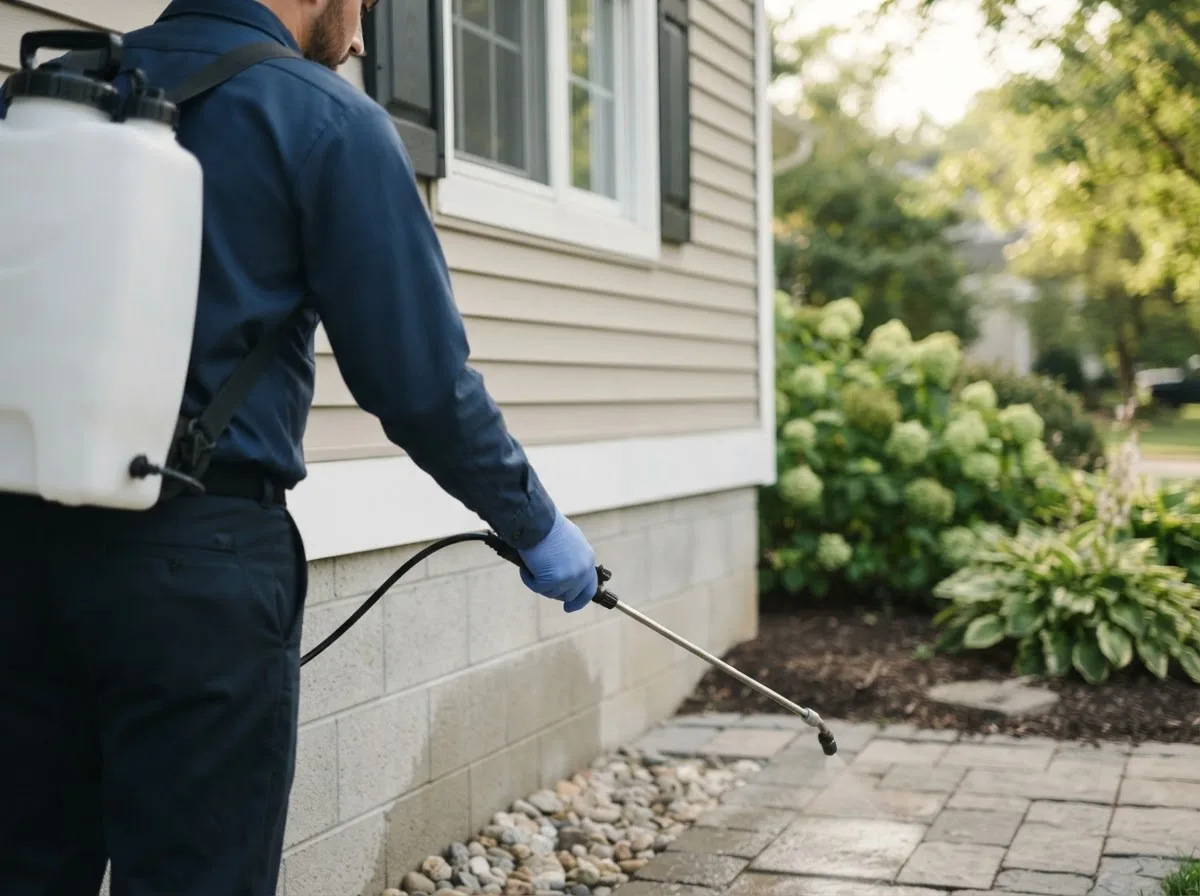 Pest control technician inspecting a home in Amherst, VA